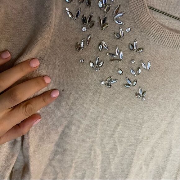 SAKS FIFTH AVENUE Black Label Embellished Cashmere Sweater In Beige- Size Medium - Picture 4 of 11